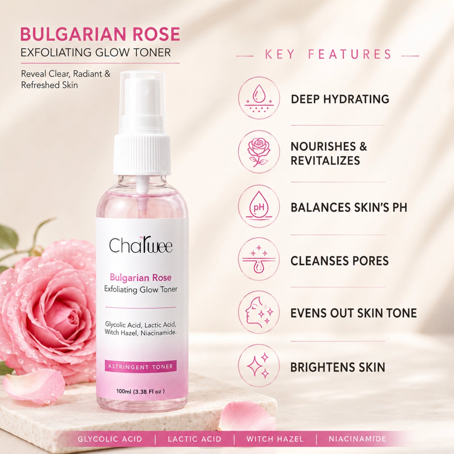 Charwee Bulgarian Rose Exfoliating Glow Astringent Toner